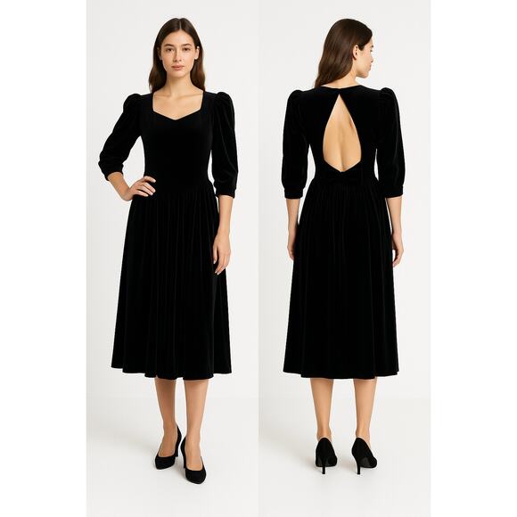 1980s Laura Ashley Black Velvet Puff Sleeve Midi Open Back with Bow Dress small - Picture 1 of 14